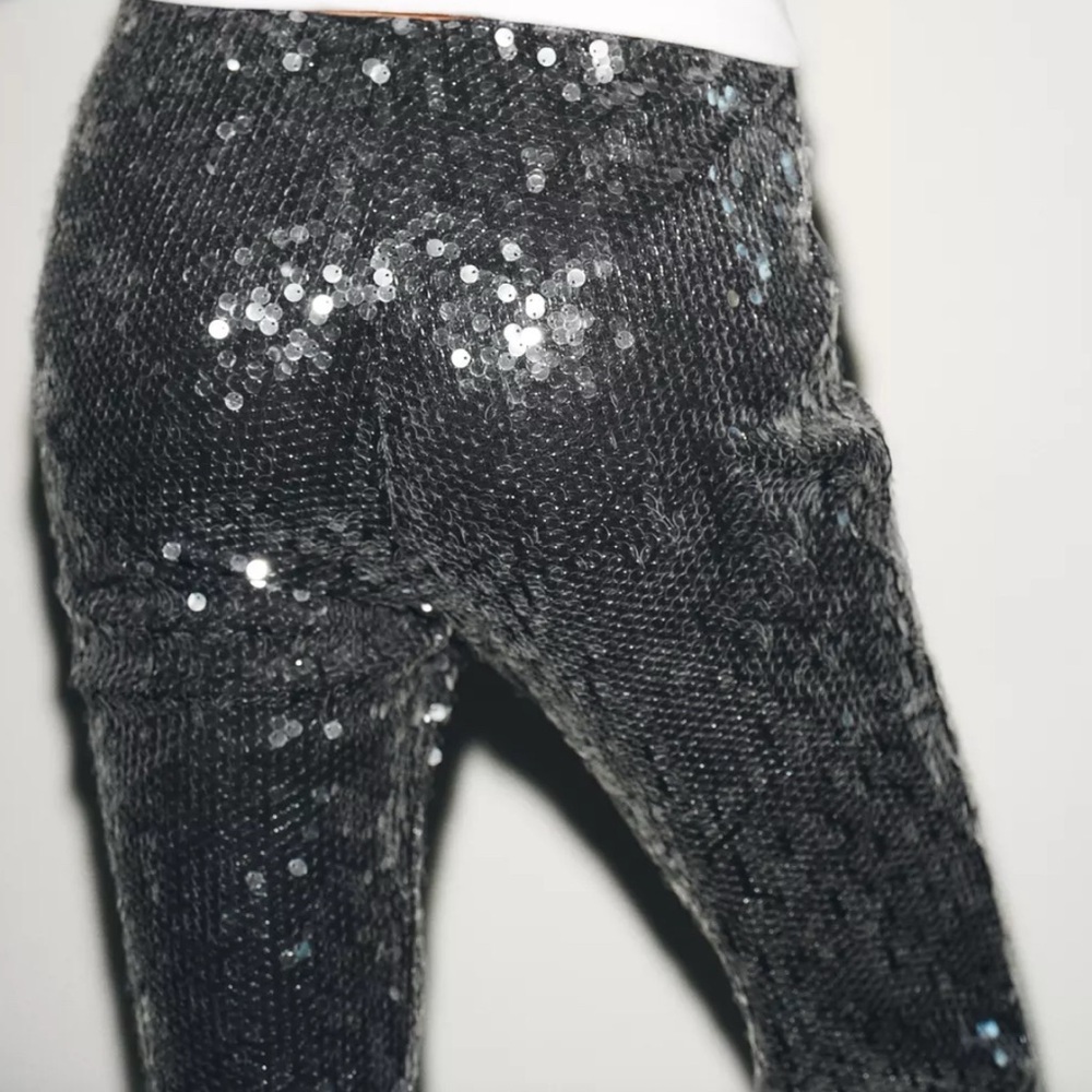 UEC ZARA BLACK EXTREME SEQUINS HIGH WAISTED PULL ON STRAIGHT LEG PANTS SZ L - Picture 4 of 13